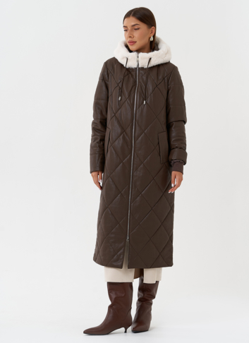 Пуховик из эко кожи с капюшоном