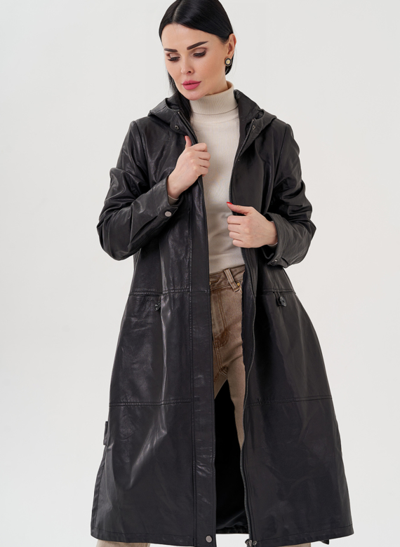 Длинный кожаный плащ с капюшоном