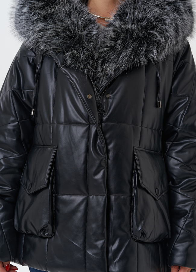 Пуховик из эко кожи с капюшоном из эко меха  модель № 27707 универмаг малина