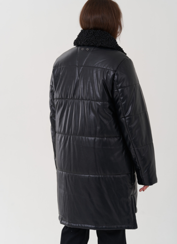 Пуховик из эко кожи с отделкой воротника