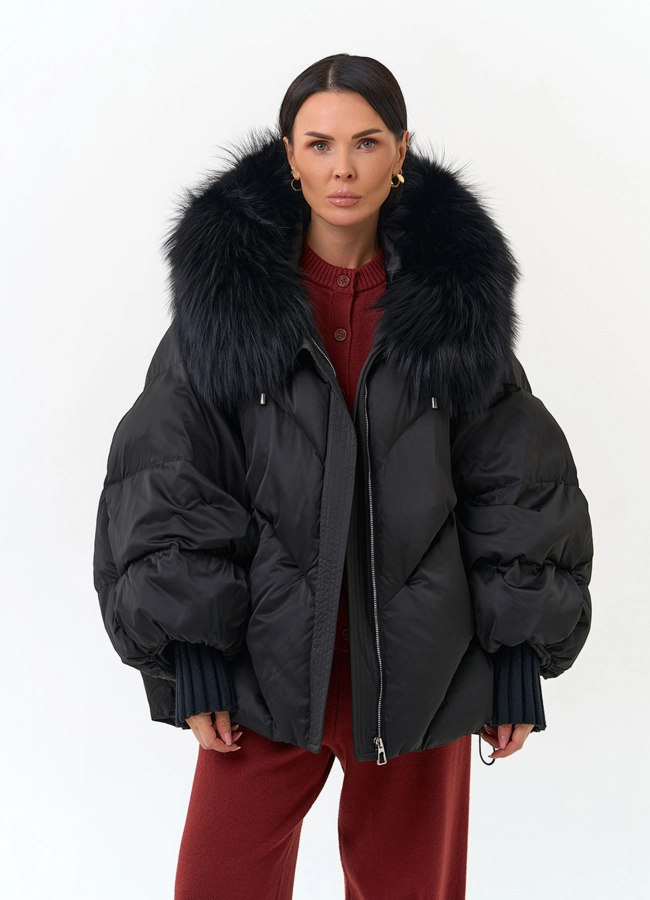 Женский пуховик с мехом чернобурой лисы на капюшоне модель № 31977 универмаг малина фото