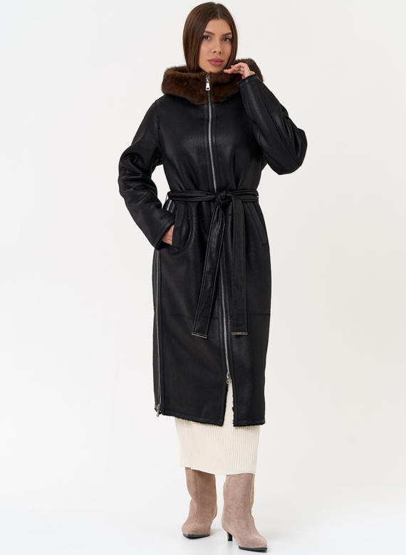 Женская дубленка из эко замши с поясом
