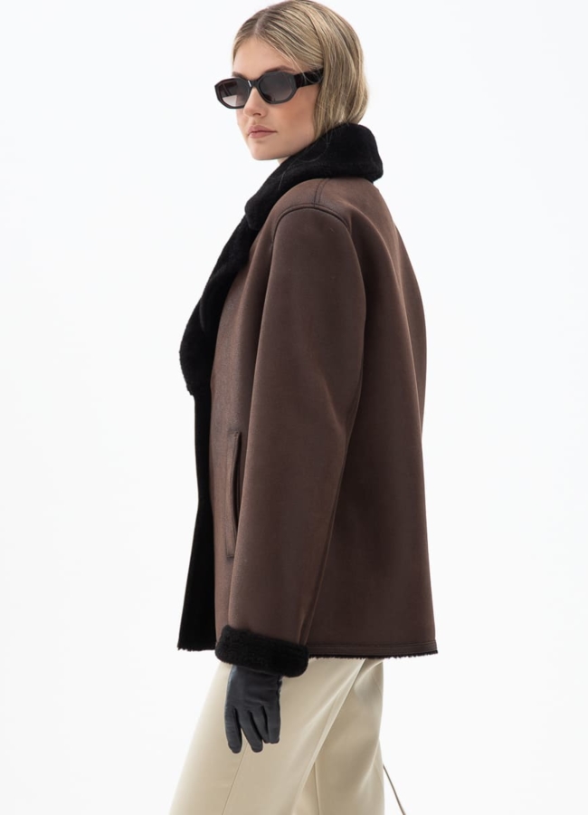 Женская двухсторонняя дубленка из эко кожи с английским воротником модель № 31868 в рассрочку