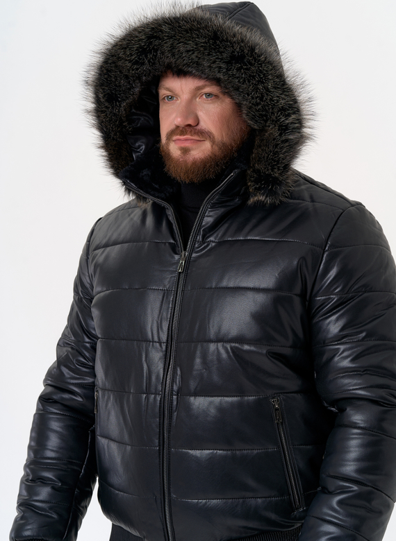 Пуховик из эко кожи черного цвета  Пуховик из эко кожи черного цвета