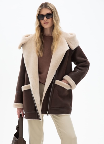 Женская удлиненная дубленка из эко кожи