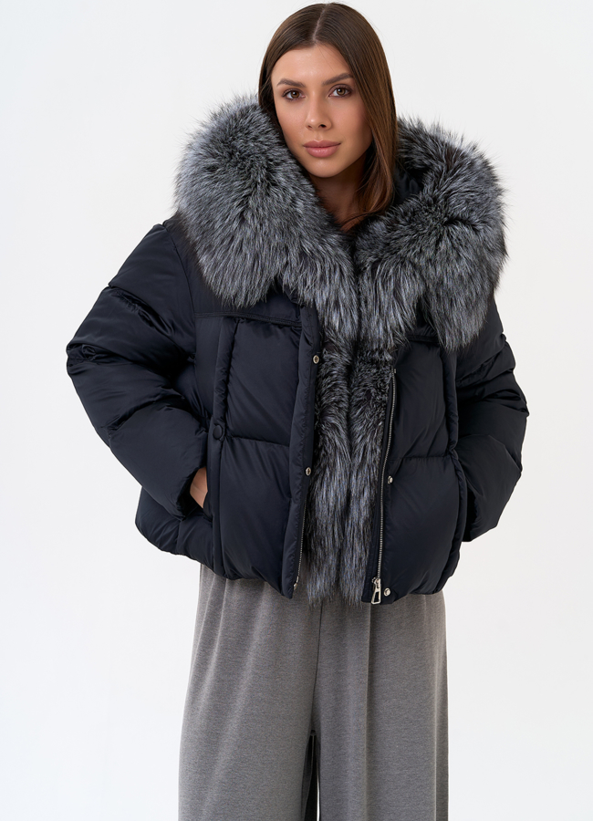 Женский пуховик с капюшоном из меха чернобурки модель № 31430 меха малина