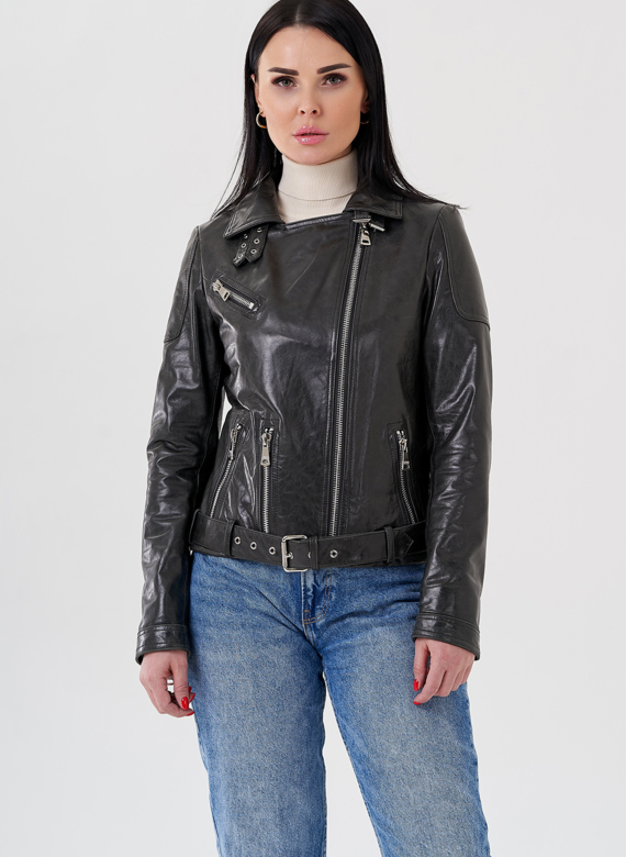 Женская куртка - косуха из натуральной кожи серого цвета 