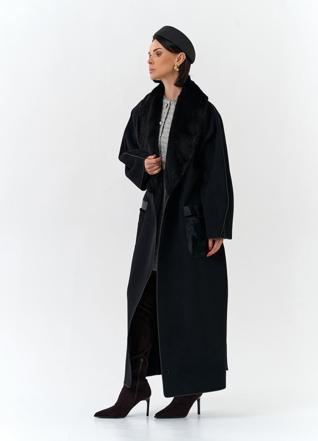 Женское длинное пальто с воротником из меха норки модель № 32648 универмаг малина