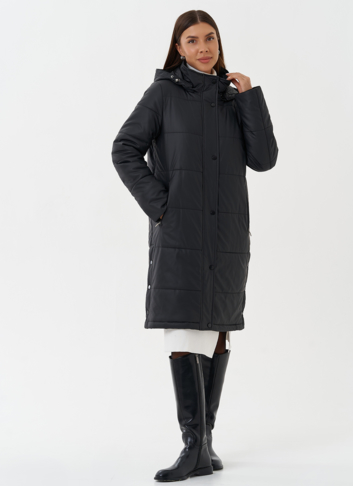 Пуховик из эко кожи с капюшоном