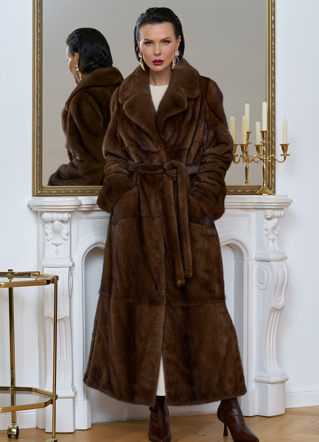 Длинная шуба из меха скандинавской норки модель № 28927 меха малина