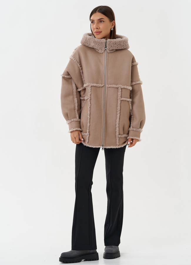 Двухсторонняя эко дубленка с капюшоном модель № 28651 в кредит