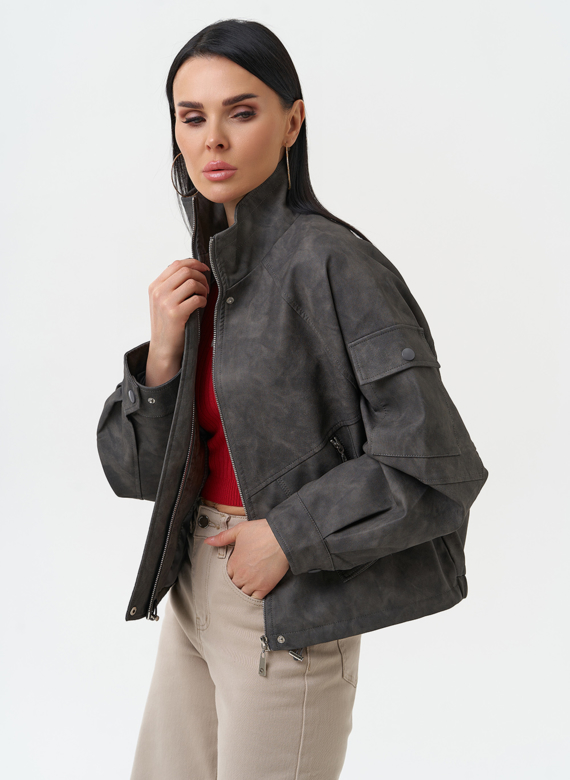 Куртка бомбер из эко кожи с воротником стойкой