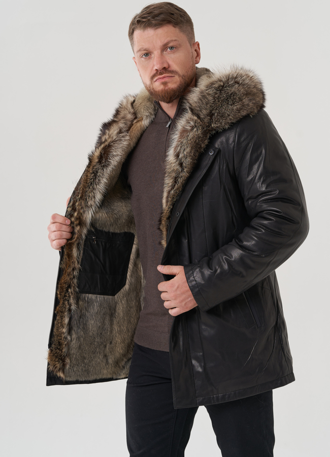 Мужская куртка с капюшоном на мехе из волка модель № 82264 универмаг малина