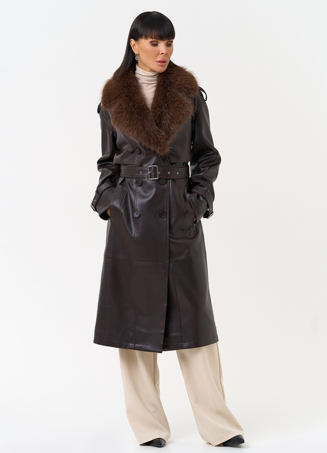 Женское утепленное пальто из экокожи с воротником из эко меха модель № 30704 в кредит