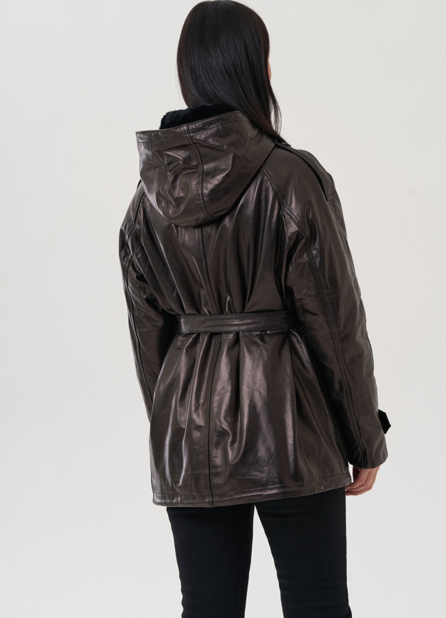 Куртка из натуральной кожи черного цвета с поясом модель № 25363 универмаг малина