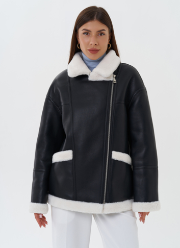 Дубленка из эко кожи черного цвета с черным эко мехом