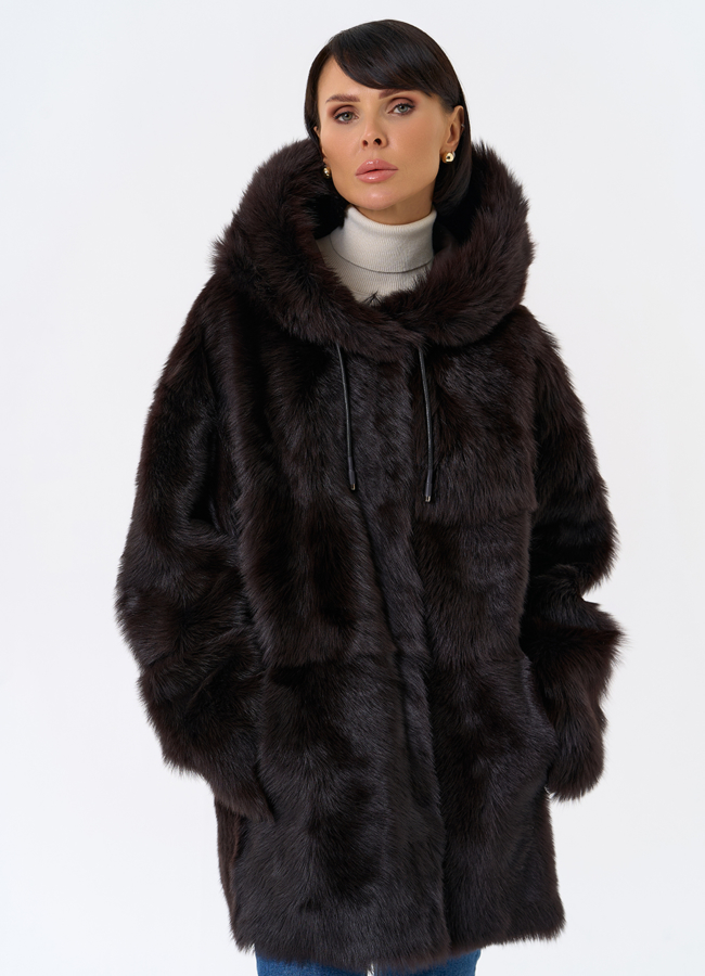 Женская двухсторонняя дубленка с капюшоном модель № 31851 меха малина