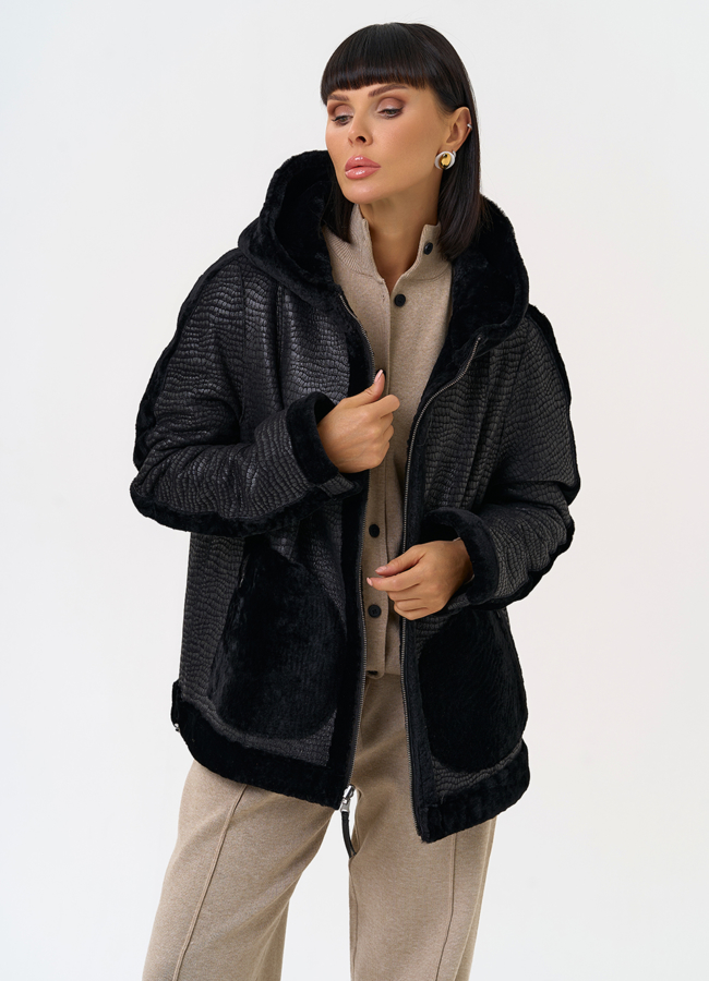 Женская двухсторонняя дубленка с капюшоном модель № 31482 универмаг малина