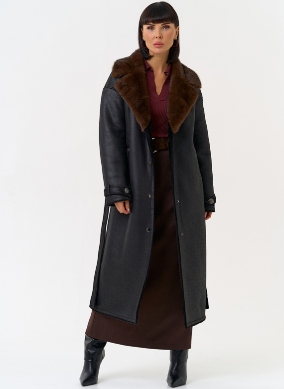Женская дубленка из эко замши с английским воротником