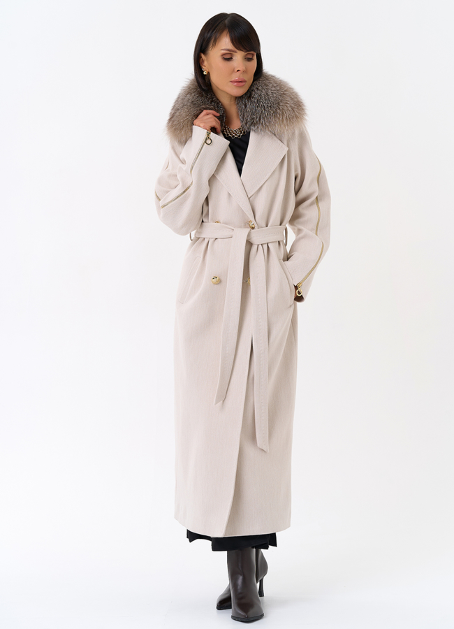 Утепленное женское пальто с английским воротником из меха лисы модель № 31933 универмаг малина