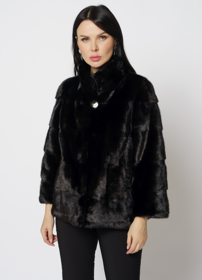 Норковая шуба с воротником стойка черного цвета  модель № 24730 универмаг малина