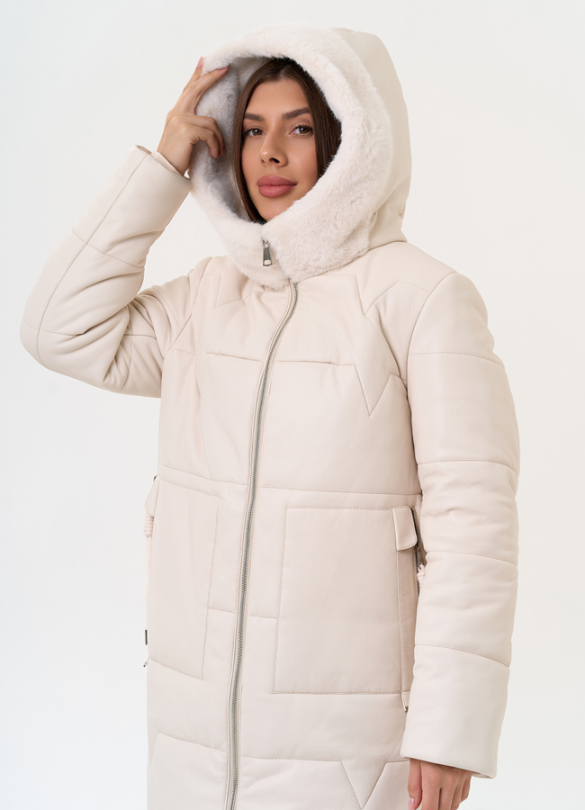 Женское пальто из эко кожи с капюшоном модель № 30730 универмаг малина