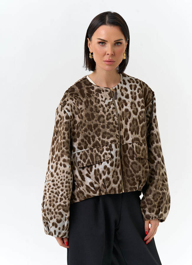 Женское укороченное пальто с анималистическим принтом модель № 32554 меха малина