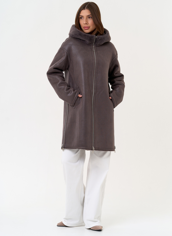 Женская двухсторонняя дубленка из эко замши с капюшоном
