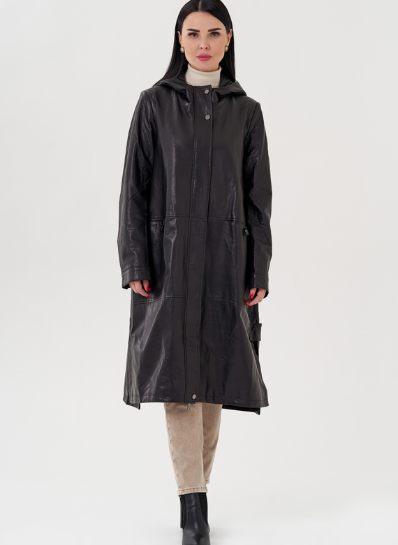 Длинный кожаный плащ с капюшоном