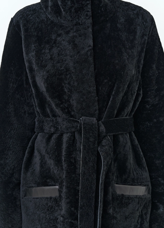 Женская двухсторонняя дубленка с поясом модель № 34376 универмаг малина фото
