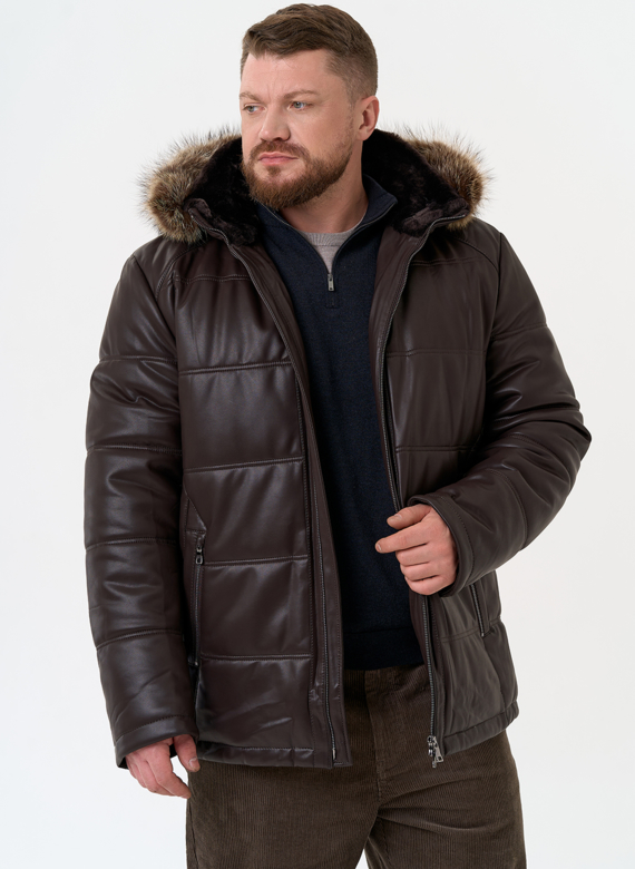 Пуховик из эко кожи с капюшоном из меха енота Пуховик из эко кожи с капюшоном из меха енота