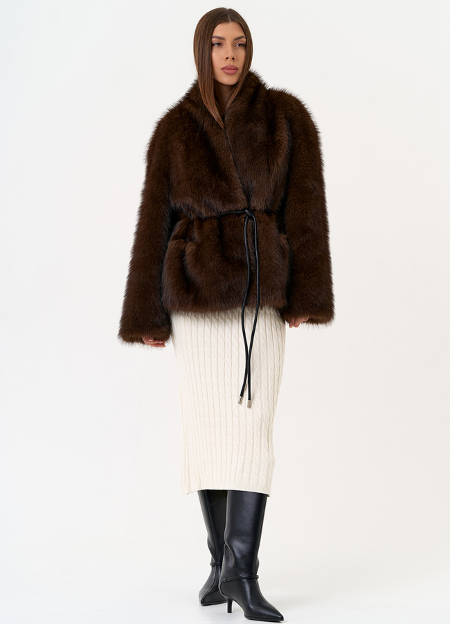 Женская шуба из эко меха с поясом модель № 31501 в кредит