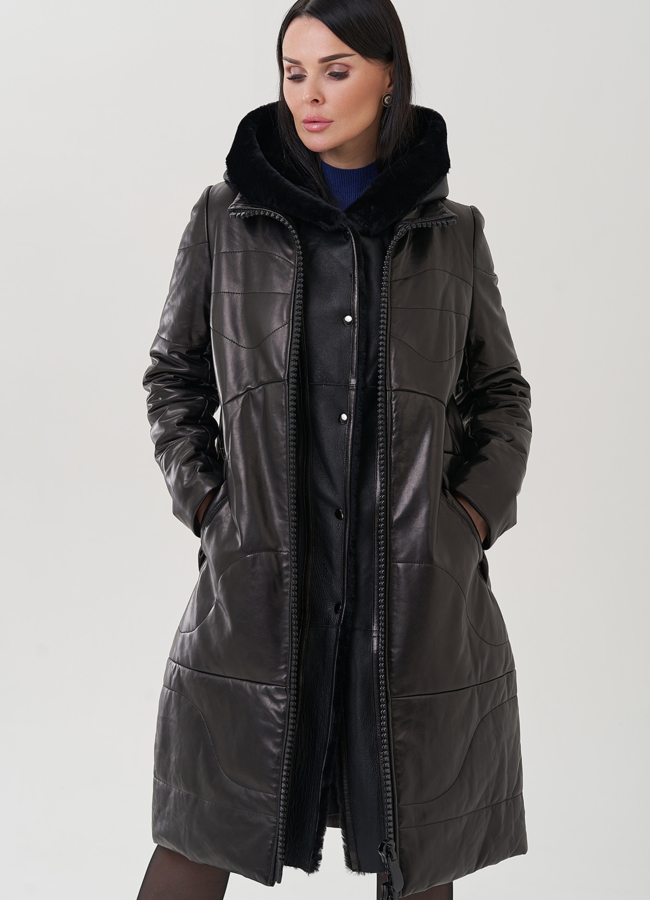 Пуховик из натуральной кожи на молнии с капюшоном модель № 19575 универмаг малина