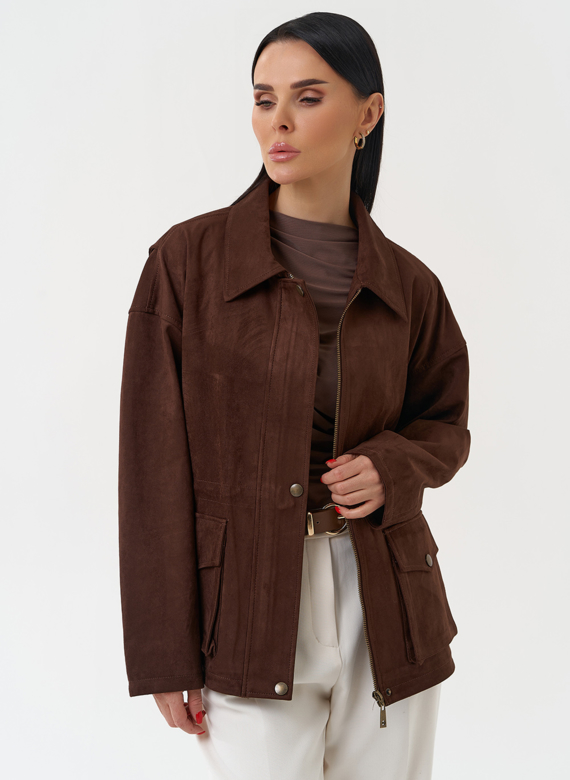 Женская парка из эко замши коричневого цвета