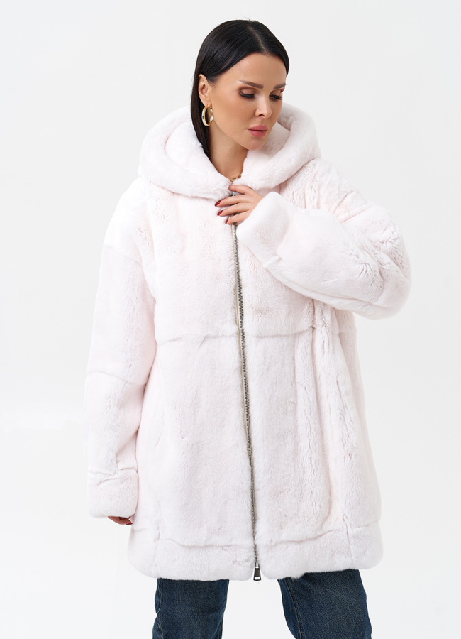 Шуба из меха кролика с капюшоном модель № 29065 меха малина