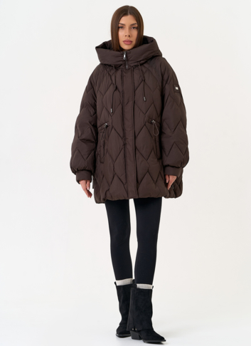 Женский пуховик с капюшоном коричневого цвета