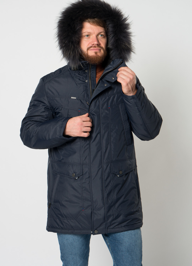 Полупальто мужское синего цвета с отделкой из енота модель № 21709 универмаг малина