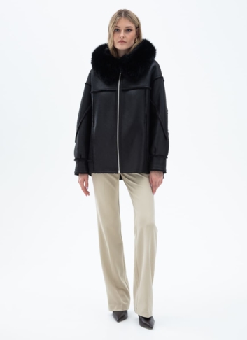 Женская дубленка из эко кожи с капюшоном