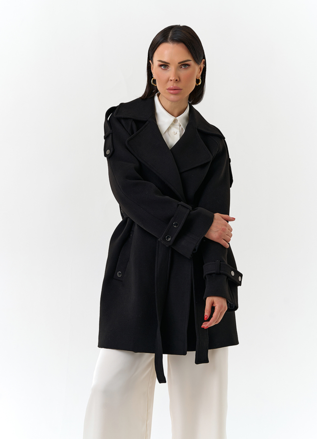 фото Женское укороченное пальто с английским воротником модель № 32641