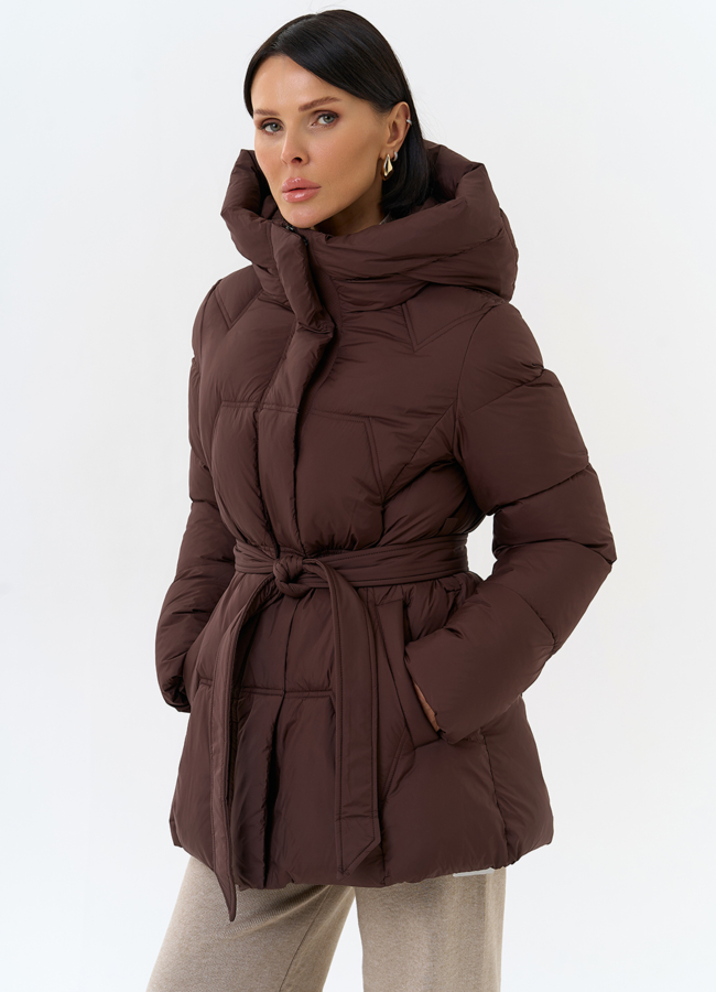 Женский пуховик с поясом модель № 32040 универмаг малина