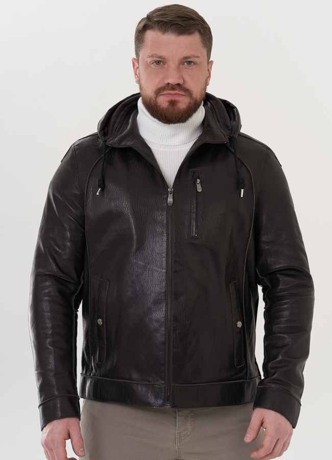 Мужская кожаная куртка с капюшоном модель № 24388 меха малина