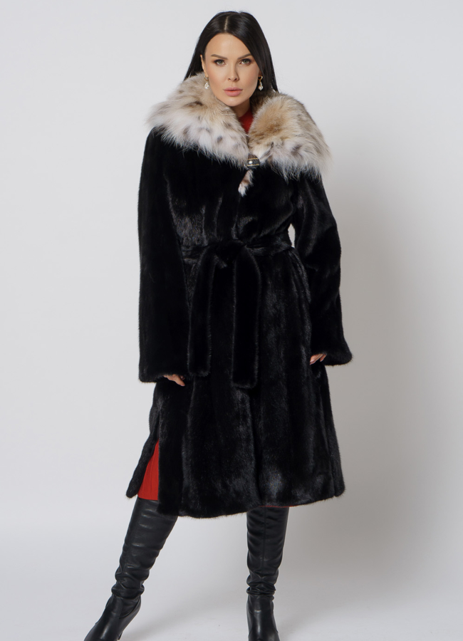 Норковая шуба с рысью в черном цвете модель № 25002 универмаг малина