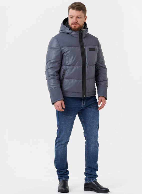 Пуховик из натуральной кожи с капюшоном фото