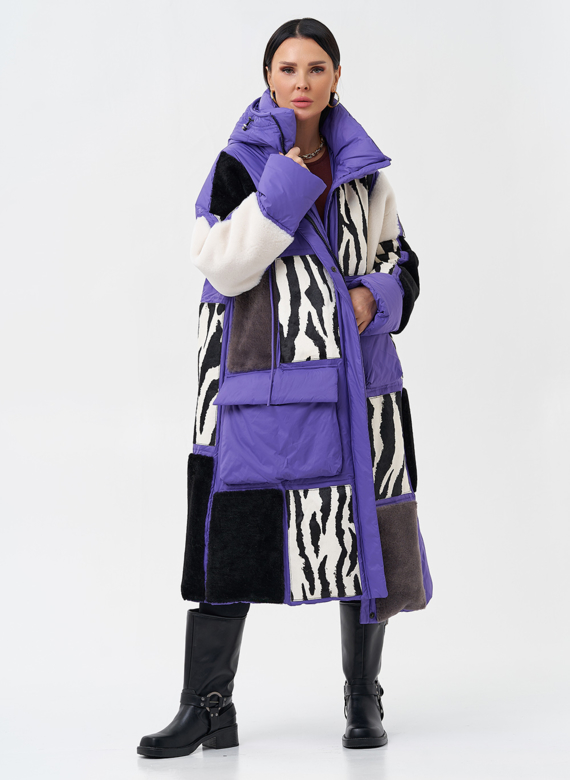 Комбинированный женский пуховик с капюшоном