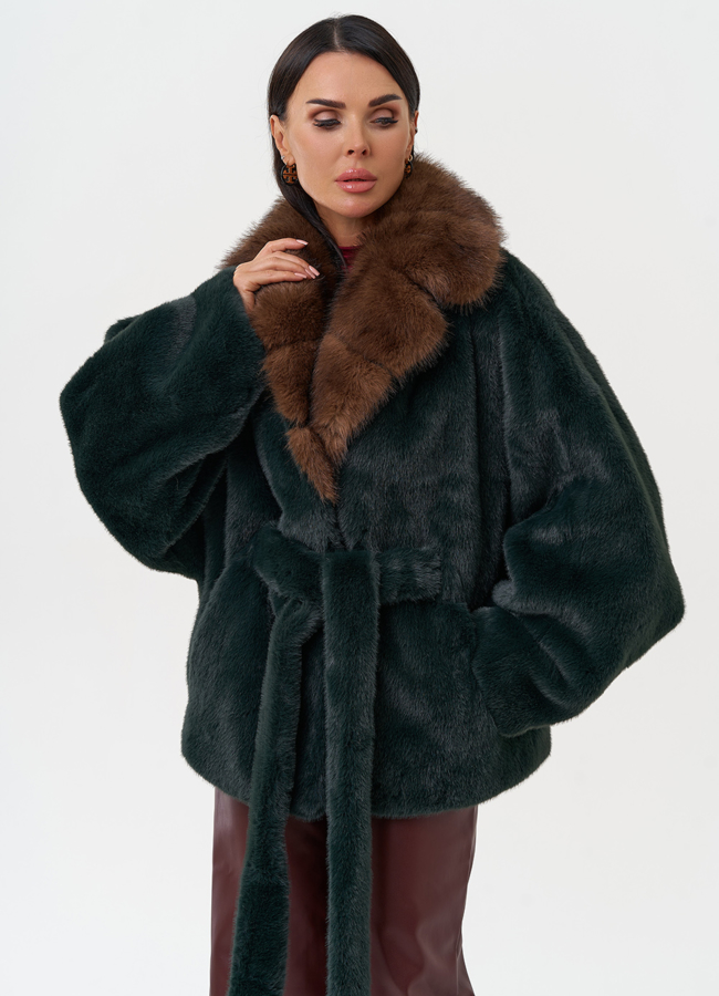 Женская куртка из эко меха с поясом модель № 31249 меха малина