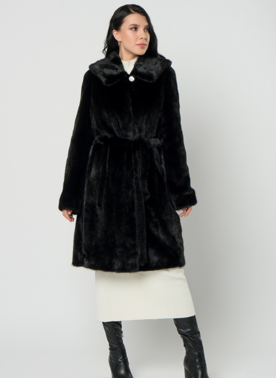 Норковая шуба с капюшоном и поясом черного цвета