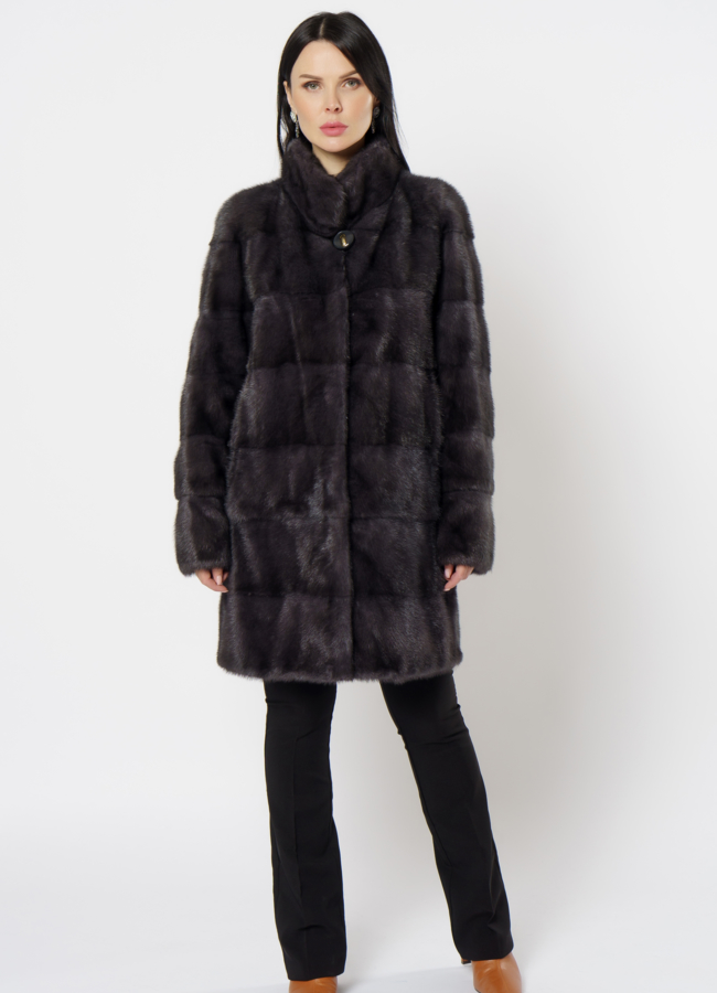фото Норковая шуба с воротником стойка в цвете графит модель № 25926