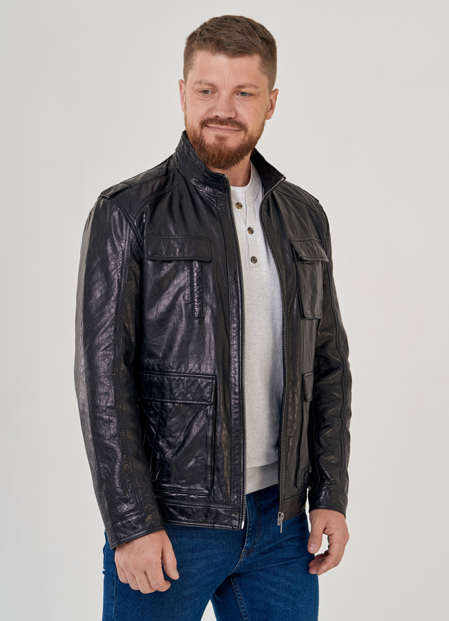Кожаная куртка с накладными карманами модель № 8055 меха малина