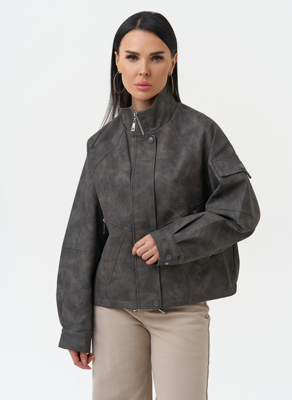 Куртка бомбер из эко кожи с воротником стойкой