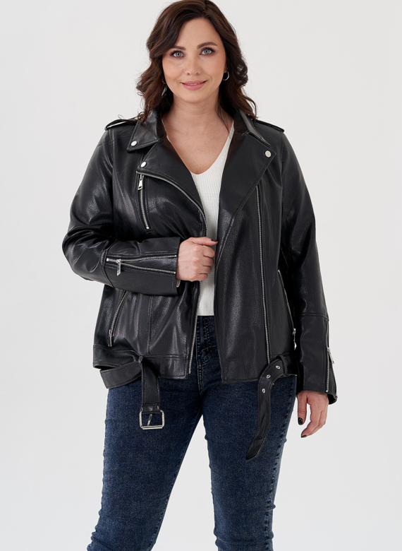 Удлиненная куртка косуха в черном цвете с ремнем